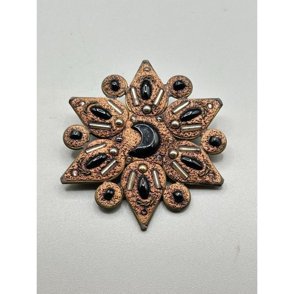 Handcrafted Sunburst Clay Pin Sun Moon Brown Black Colors Handmade 70s Jewelry - Picture 2 of 5